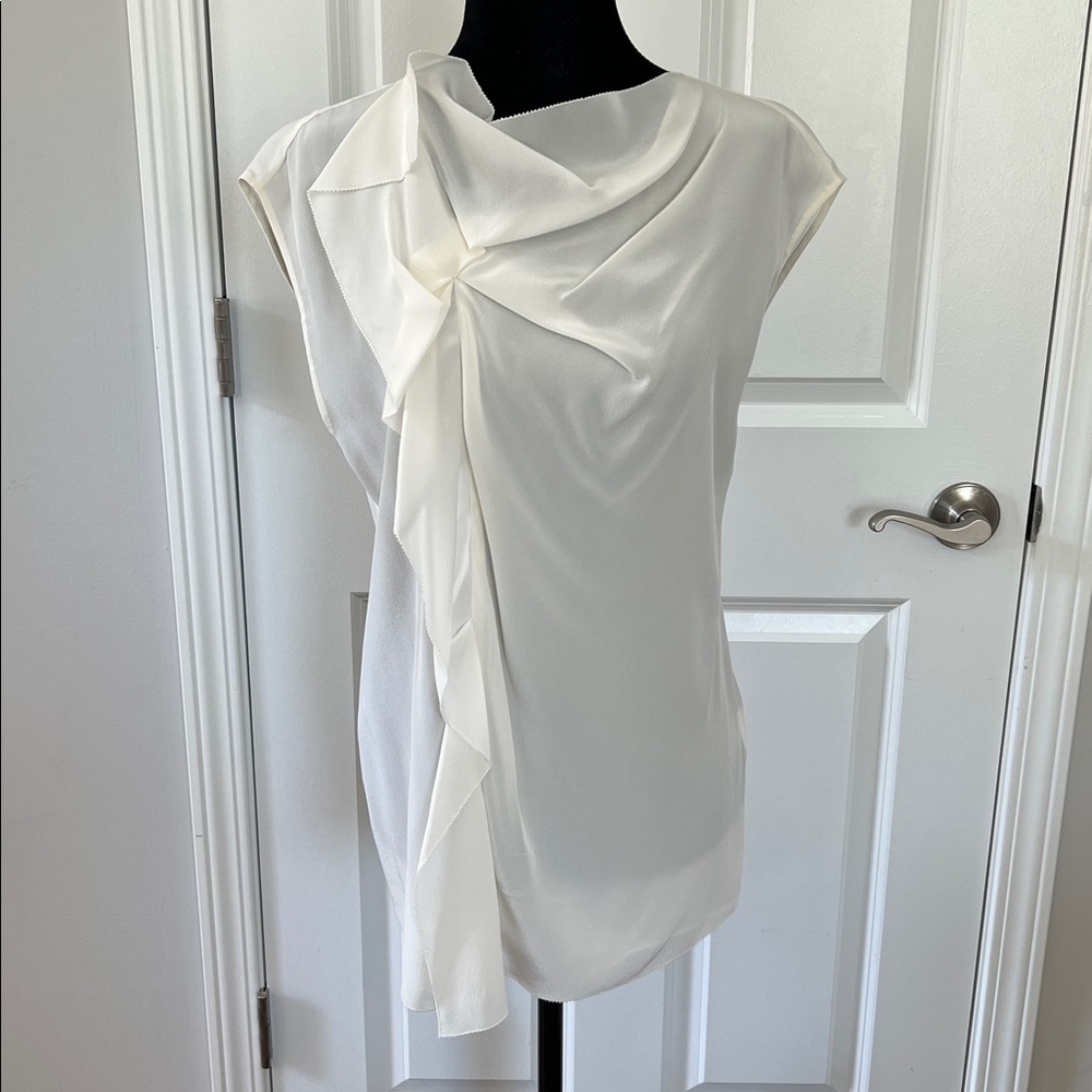 Phillip Lim 100% Silk Ivory Ruffle Blouse with Gathering/Sheering - Size 2.  NWT